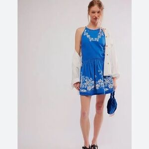 Free People Indigo Deserted Island Floral Neck Backless Mini Dress- Size Medium